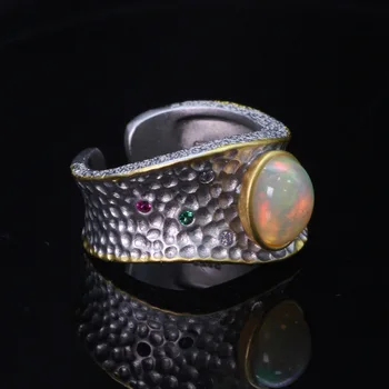 SHIQING Pobūdžio opalas žiedas, brangakmenio žiedas, sterlingas sidabro žiedas , juoda kreivė žiedą žmogus