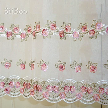 Sielovados stiliaus rožinės spalvos gėlių siuvinėjimas nėrinių pusė-užuolaidų bay lango užuolaidėlė kavos virtuvė kambarys tiulio SP4156 Nemokamas pristatymas