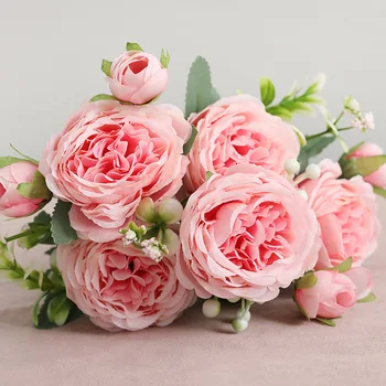 SKTN 1pcs Rose Pink Silk Puokštę Bijūnų Dirbtinių Gėlių 5 Big Išaugo Padirbtų Gėlės Vestuvių Namų Puošybai Dirbtinis Ornamentu