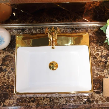 Stačiakampio formos Europa Stiliaus Skaitiklis Viršuje porcelianinis praustuvas vonios kriauklės keraminių vonios kriauklės countertops aukso modelis