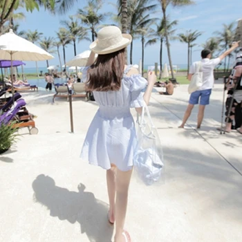 Stebėjimo Peties Off Dryžuotas Raukiniai Suknelė Moterų 2020 M. Vasarą Sundresses Paplūdimio Atsitiktinis Marškinėliai Trumpas Mini Suknelės, Šaliai, Skraistės YFY29
