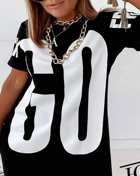 STILINGAS PANELE Laišką Atspausdinta Marškinėliai 2021 M. Pavasarį Moterys Trumpas Rankovės Pusės Split Atsitiktinis Palaidų Hip-Hop Juoda Streetwear Viršūnes Tees