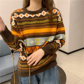 Sustorėti Džemperis Moterims 2020 M. Žiemos Geometrinis Modelis ilgomis Rankovėmis Megztiniai (Puloveriai korėjos Stiliaus Prarasti Šiltas Megztinis