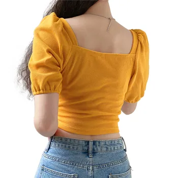 T-marškinėliai Moterims vientisos Spalvos Kvadratinių Kaklo Bowknot Trumpas Sluoksniuotos Rankovėmis Slim Fit Mezgimo Apkarpyti Viršūnes 2020 Mados Moterų