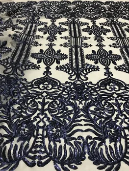 Tamsiai mėlyna Nigerijos Afrikos tiulio tinklelio, nėrinių audinys su blizgančiais Karšto parduoti prancūzų ju nėrinių vestuvės dress