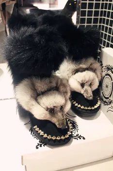 Top custom high-end nekilnojamojo fox fur tikrai fox galva storas sniego batai nekilnojamojo karvės odos šiltas akmuo, kalnų krištolas medvilnės batai.