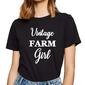 Topai Marškinėliai Moterims derliaus ūkio mergaitė moterų ūkio Atsitiktinis Black Print Moterų Marškinėlius