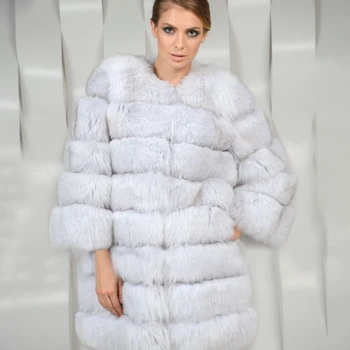 TOPFUR Mados Nekilnojamojo Kailių Paltai Moterims Baltas Kailis Žiemą Realus Fizinis Blue Fox Fur Coat Moterų, O-Kaklo Devynių Ketvirtį Rankovėmis Storio