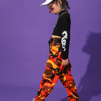 Vaikų džiazo šokio spektaklis, kostiumai mergaičių midriff-baring viršuje kamufliažinės kelnės korėjos stiliaus hip-hop mergina hip-hop ' o kostiumas