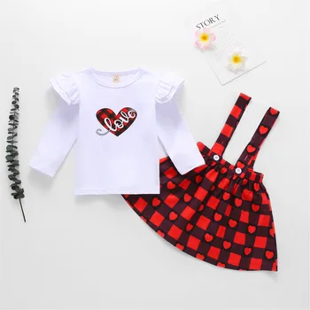 Valentino Dieną Baby Girl Sijonas 2VNT Kostiumas Mados Širdies Laišką Long Sleeve T-shirt Megztinis+Pledas Suspender Sijonas Kostiumas Mielas Nemokamai