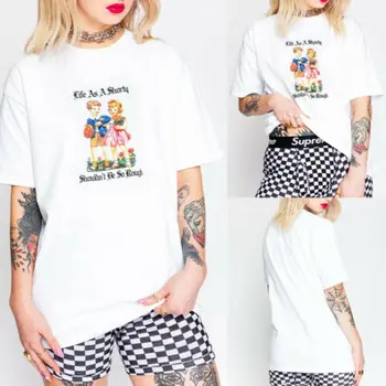 Vasaros 2019 Moterų, Mergaičių White T-shirt Laiškas Spausdinti Trumpas Rankovės Mielas Marškinėlius Atsitiktinis O-kaklo Medvilnės Mišinys Laisvi Marškinėliai