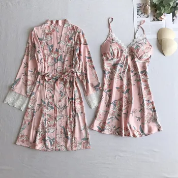 Vasaros 2VNT Sleepwear Atsitiktinis Chalatas Kimono Suknelė Spausdinti Vestuvių Apdarą Nustatyti Minkšto Satino Pižamą Intymus apatinis Trikotažas Seksualus Homewear