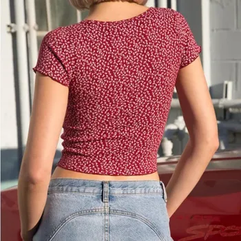 Vasaros Gėlių Spausdinti moteriški Marškinėliai trumpomis Rankovėmis O-kaklo, Vieną Krūtinėmis Moterų Marškinėliai 2020 Streetwear Slim Atsitiktinis Lady Viršūnės