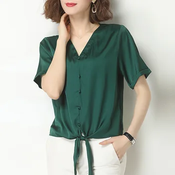 Vasaros naują stiliaus grynos spalvos nėrinių V-kaklo trumpomis rankovėmis šifono T-shirt moterims, pilka