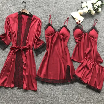 Vasaros Pižama Moterims Naktį Suknelė Plonas Sleepwear Seksualios Pižamos Keturių Dalių Korėjos Stiliaus Diržas Pižama Namų Paslauga, Krūtinės Mygtukai