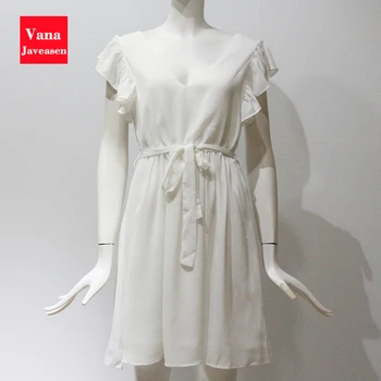 Vasaros Šifono Balta Suknelė Moterys Šalis Seksualus V-kaklo Susiėmę Rankovėmis Aukštos Juosmens-line Suknelės Varčias Atgal Tvarstis Suknelė Vestidos