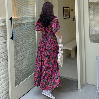 Vasarą Moterys Gėlių Spausdinti Sluoksniuotos Rankovėmis Kvadratinių Kaklo Maxi Suknelės Elegantiškas Moteris Korėjos Derliaus Atsitiktinis Ilgas Šalis Suknelė Vestidos