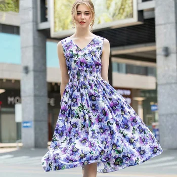Vasarą Moterys violetinė rankovių Spausdinti Gėlių V-Kaklo Backless Suknelė Dizaineris elastingumą juosmens pokylių vakare Šalis suknelė