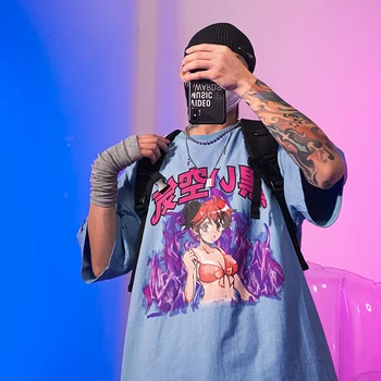 Vasarą naujas Vyrų Marškinėliai Animacinių filmų Mergina Komiksai Kanji Spausdinimo Harajuku Japonų Stiliaus Jaukus Negabaritinių Pora Atsitiktinis Streetwear
