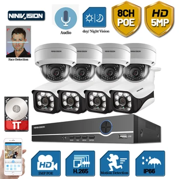 Veido Aptikimo 8CH 5MP NVR CCTV Saugumo Rinkinio Sistema POE Garso Įrašo NVR Dome (Lauko POE IP Camera, Vaizdo Stebėjimo Komplektas
