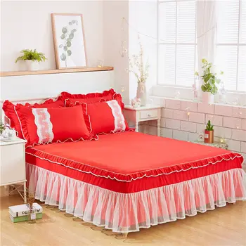 Vestuvių raudonos Nėrinių patalynės komplektai visą karalienė, karalius antklode padengti princesė mergaitės lova sijonas korėjos patalyne, prabangos antklodė padengti rinkiniai