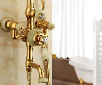 Vidric Europoje stiliaus prabangūs vonios ir dušo maišytuvas, žalvario ir jade aukso baigė prie sienos tvirtinamas dušo maišytuvas rinkinys su kritulių rodyti