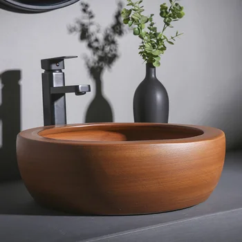 Vonios kriauklė keramikos meno baseino apvalus keraminis praustuvas stalviršio kriaukle ruda šampūnas baseino lavabo baseino vonios kambarys, tualetas kriaukle