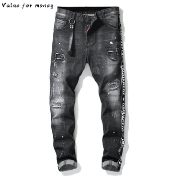 Vyrai Italija Europos jeans black džinsai Vyrų slim džinsai kratinys laišką Moto & Dviratininkas džinsus, kelnes juodosios skylės džinsai vyrams