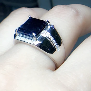 Vyrų žiedas Nemokamas pristatymas Gamtinių nekilnojamojo juodasis safyras žiedai 925 sterling silver 10*10mm 5.5 ct brangakmenio Fine jewelry R912246