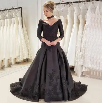 YiMinpwp Black, Gothic Vestuvių Suknelės V Kaklo Backless ilgomis Rankovėmis Valymo Traukinio Appliques Sodo Vestuvinės Suknelės vestidos de novia