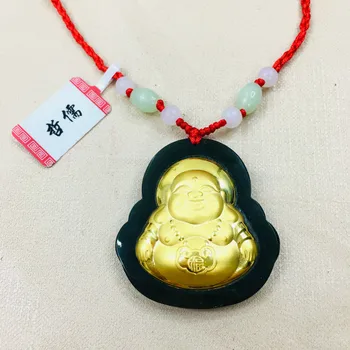 Zheru Gamtos Hetian Black Jade Pakabukas Inkrustacijos su Aukso Budos Šypsena Guanyin Pakabukas su Žalia Rutuliukų Karoliai