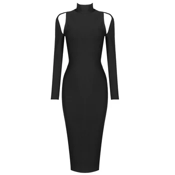 Įžymybė Tvarstis Suknelė Elegantiškas Visiškai Rankovėmis Backless Moteris Midi Black Bodycon Derliaus Vestios 2020 M. Rudenį Naujų Aukštos Kokybės Rayo