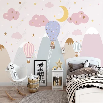 Šiaurės rožinė karšto oro baliono freskomis tapetai vaiko kambario debesys žvaigždėtas dangus vaikų kambarys fono sienos popieriaus namų dekoro