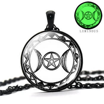 Švyti Tamsoje Triple Mėnulio Deivės Pakabukas Karoliai Wicca Pentagram Amuletas Karoliai Šviesos Wiccan Papuošalai
