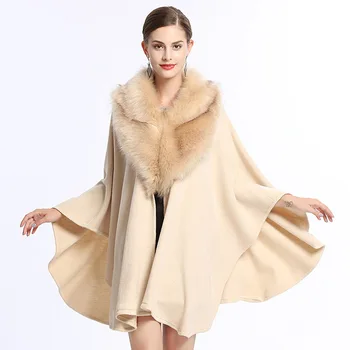 Žiemos Europoje naujų Fashon negabaritinių palaidų dirbtinė lapės kailio apykaklė megzti paltai moterų šikšnosparnių rankovėmis megztinis skara apsiaustu, striukės F239