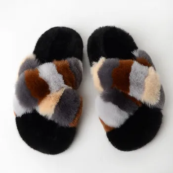 Žiemos Moterų/Vyrų Dirbtiniais Fox Fur Šlepetės Mielas Kryžiaus Pliušinis Pora Skaidrių Patalpų Tirštėti Šiltų Namų Batai Ponios Furry Flip Flops