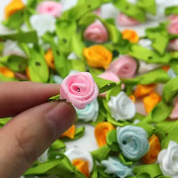 100vnt Mažas Mini Satino Juostelės Laivapriekio Dirbtinis Dekoratyvinės Gėlės Rose Vestuvių Dekoravimo, Siuvimo Appliques 