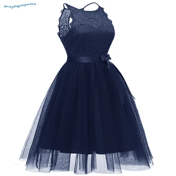 2018 apvalios kaklo nėrinių retro rankovių, tamsiai mėlynos high-end suknelė