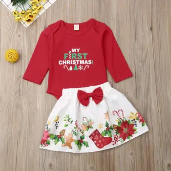 2019 Naujas Išgalvotas 1 Kalėdų Naujagimiui Mergaitė Raudona ilgomis Rankovėmis Bodysuit+Bowknot Sijonas Medvilnės Saldus Saldus Mergaičių Drabužių Rinkiniai