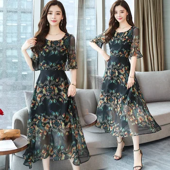2019 vasaros naują spausdinimo šifono ponios suknelė mados slim šalies vestidos aukštos kokybės elegantiškas suknelė Didelis dydis S-2XL