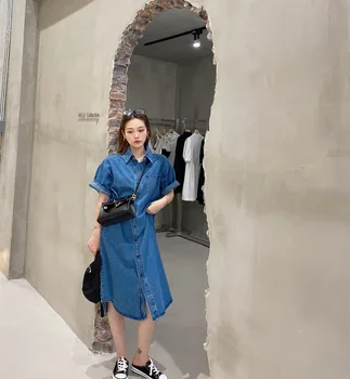 2020 M. Moteris Prarasti Džinsinio Audinio Suknelė Atsitiktinis Tiesiai Streetwear Kišenės Trumpas Rankovės Vintage Megztinis Korėjos Stiliaus 