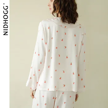 2020 M. Pavasarį Satino Peach Spausdinimo Pajama Nustatyti Susiėmę Apykaklės Ilgomis Rankovėmis Kelnės Sleepwear Viskozė White 2 Gabalas Moterų Sleepwear