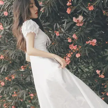 2020 m. prancūzijos Derliaus Midi Suknelė Moterims Naujas Vasaros Elegantiškas Aikštėje Apykaklės Sluoksniuotos Rankovėmis Balti Pasakų Suknelė Retro One-piece Suknelė korėjos
