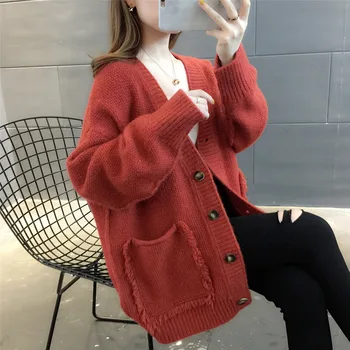 2020 m. rudens ir žiemos naujas megztinis kailis moterų korėjos versija V apykaklės, tingus vėjas tinklo raudona mezgimo megztinis V-Kaklo