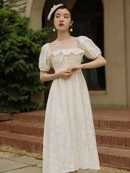 2020 naujas mados moteriški drabužiai Derliaus suknelės Aikštėje Apykaklės Sluoksniuotos Rankovėmis balta suknelė