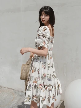 2020 Naujas vasaros Moterų Printed dress Japonijos ir korėjos koledžo stilius V-kaklo Burbulas rankovėmis mados Ilgas sijonas A2167#