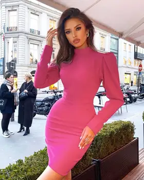2020 Naujas Žiemos Moterims Seksualus Long Sleeve Pink Tvarstis Suknelė Elegantiškas Ponios Bodycon Šalis Suknelė Vestido