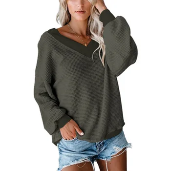 2021 m. rudenį karšto parduoti v-kaklo prarasti ilgomis rankovėmis susiuvimo pliurpalas puloveris moterų top marškinėliai
