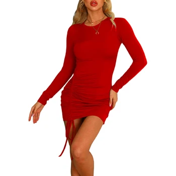 2021 Moterų Pieštuku Suknelė Ilgomis Rankovėmis Apvalios Kaklo Ruched Tvarstis Elegantiškas Ponios Slim Fit Vakare Šalies Clubwear Seksuali Mini Drabužiai