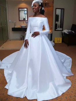 2021 Naujus Satino Vestuvių Suknelės Nuo Peties Ilgomis Rankovėmis Elegantiškas Nėščia Vestuvių Suknelė, Bažnyčia Afrikos Nuotakos Suknelė